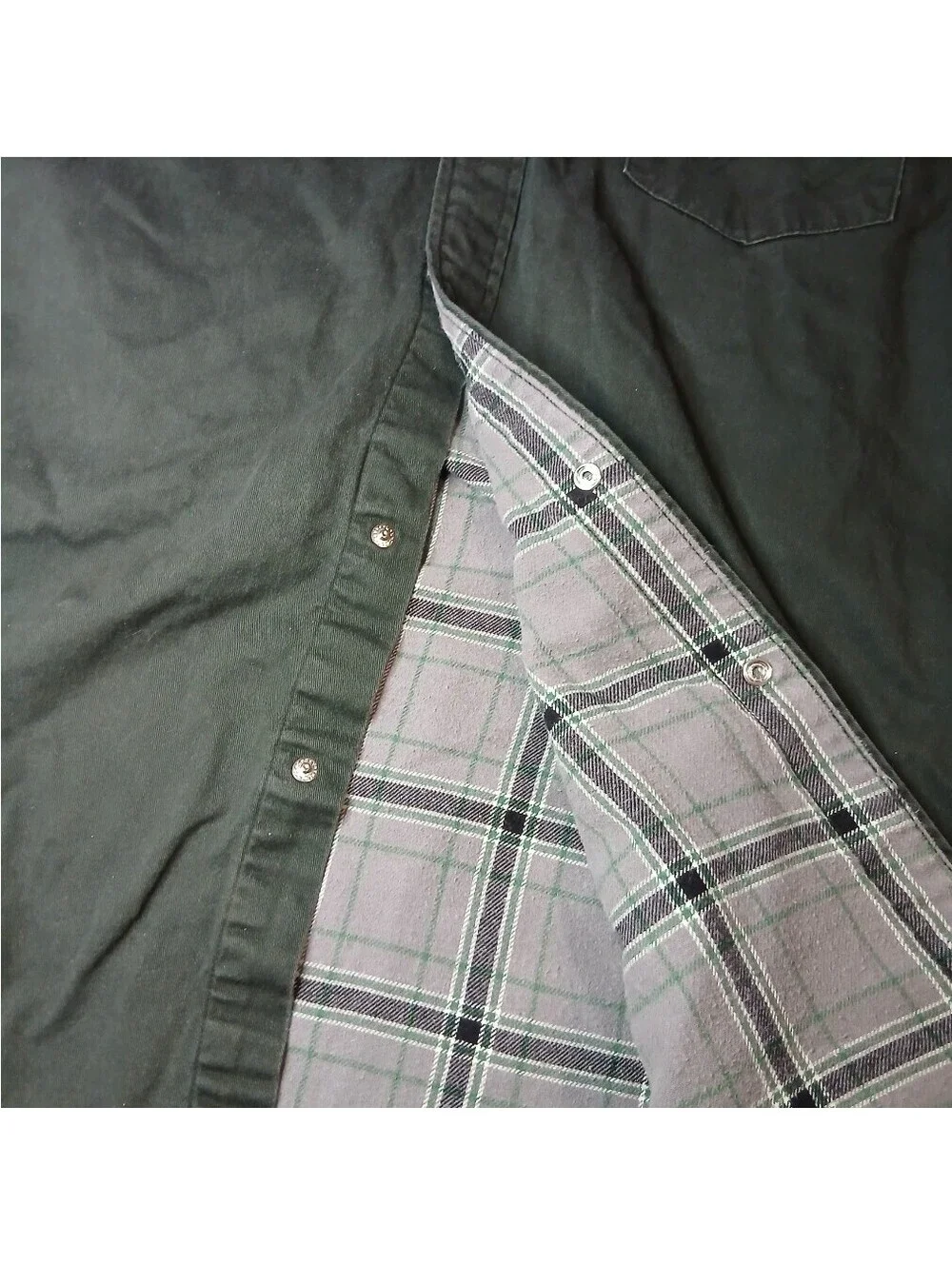 VTG Wrangler Flannel Lined Shirt Jacket Mens L Green Pearl Snap Western Workwear